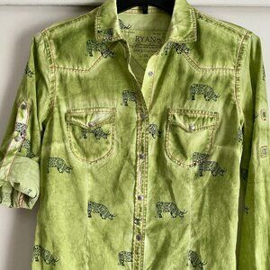 RYAN MICHAEL Bull/Steer Print Western Shirt Snap Front Tab Sleeve S Green Red